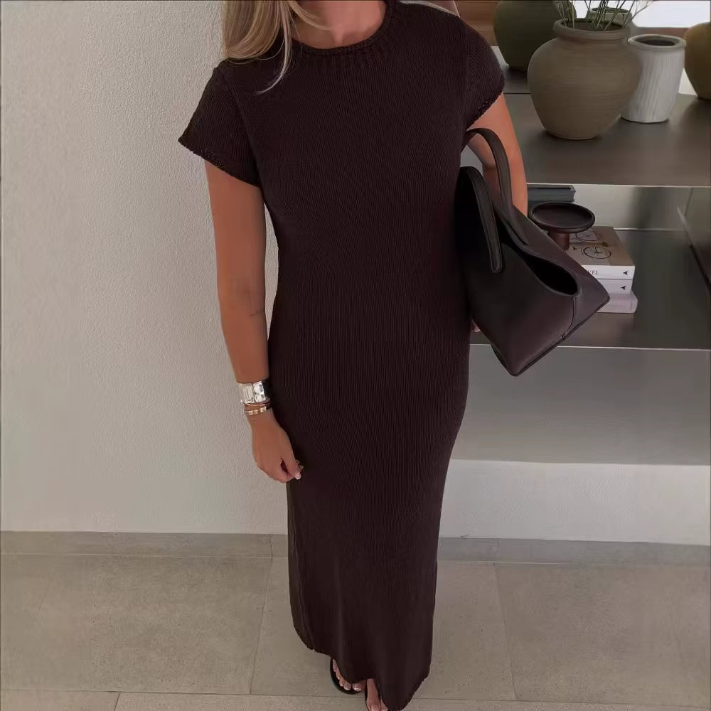 Autumn Women'S Solid Color Casual Short Sleeve round Neck Sheer Bodycon Dress