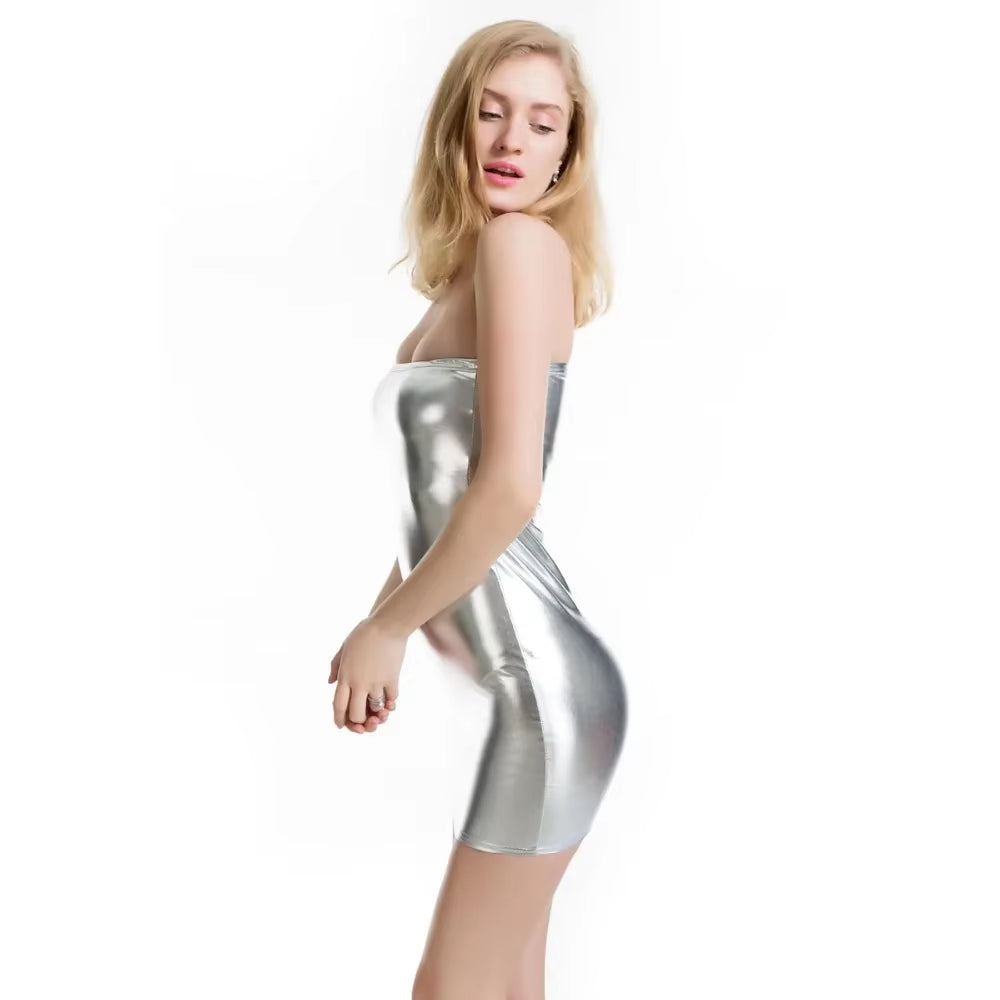 Women Sexy off Shoulder Strapless Shiny Metallic Mini Dress Bodycon Clubwear Gothic Wetlook Stripper Tube Bandeau Dress