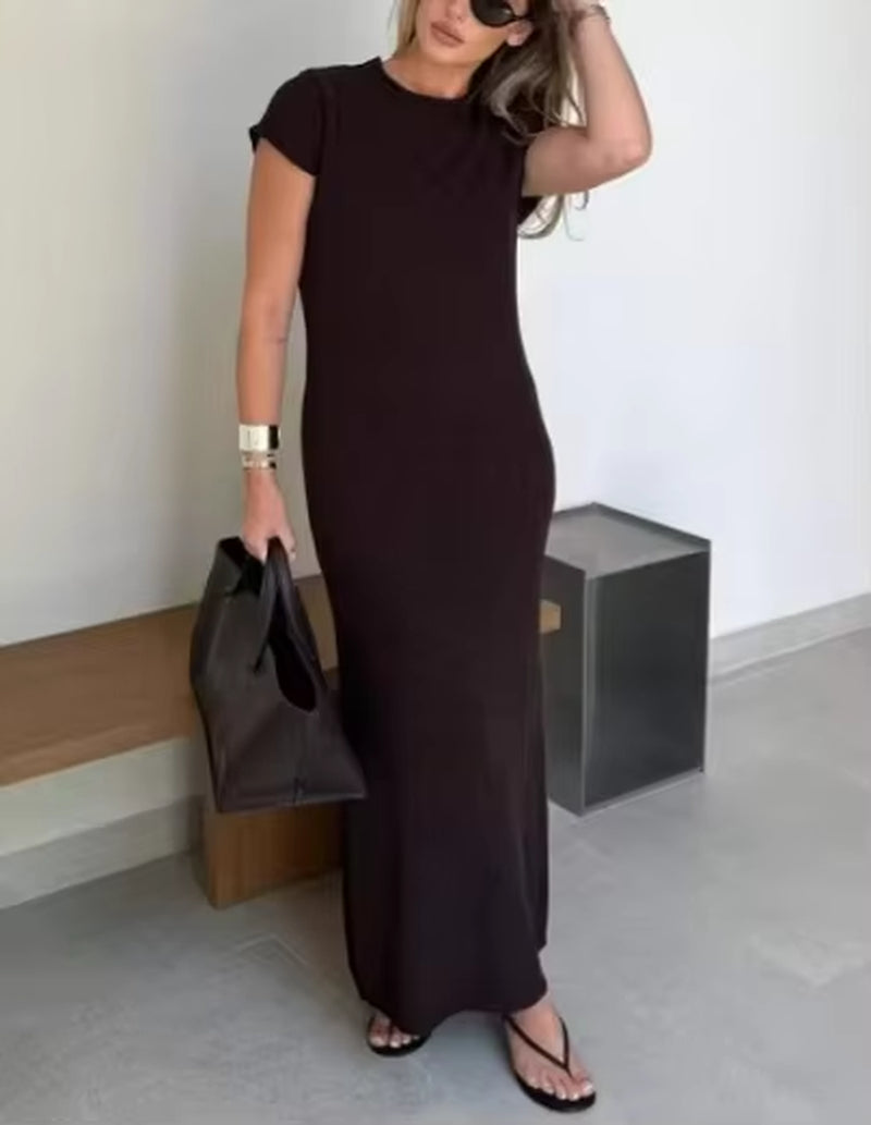 Autumn Women'S Solid Color Casual Short Sleeve round Neck Sheer Bodycon Dress