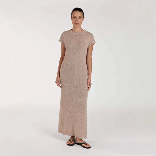 Autumn Women'S Solid Color Casual Short Sleeve round Neck Sheer Bodycon Dress