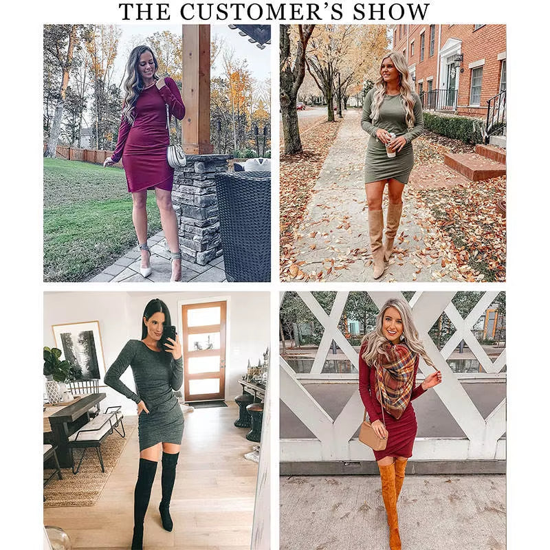 Women'S Elegant Slim Short Dress Eco-Friendly Pleated Long Sleeve Wrap Front Solid Color Basic Fit XS Size Casual Mini Weaving