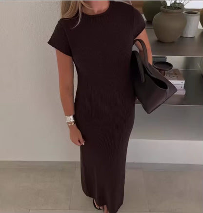 Autumn Women'S Solid Color Casual Short Sleeve round Neck Sheer Bodycon Dress