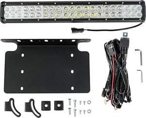 Universal American License Plate Bracket with 20 Inch Double Row LED Light Bar and Wiring Harness - Durable Steel Construction 10,000 Lumens 120 Watts