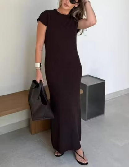 Autumn Women'S Solid Color Casual Short Sleeve round Neck Sheer Bodycon Dress