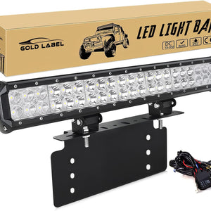 Universal American License Plate Bracket with 20 Inch Double Row LED Light Bar and Wiring Harness - Durable Steel Construction 10,000 Lumens 120 Watts