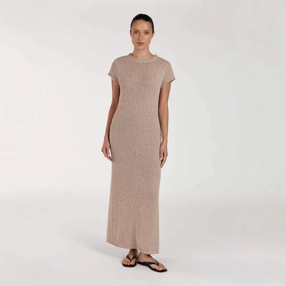 Autumn Women'S Solid Color Casual Short Sleeve round Neck Sheer Bodycon Dress