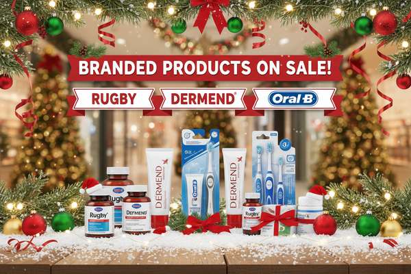 make a chrsitmas theme image saying branded product like Rugby,Dermend,Oral-B  in sale 